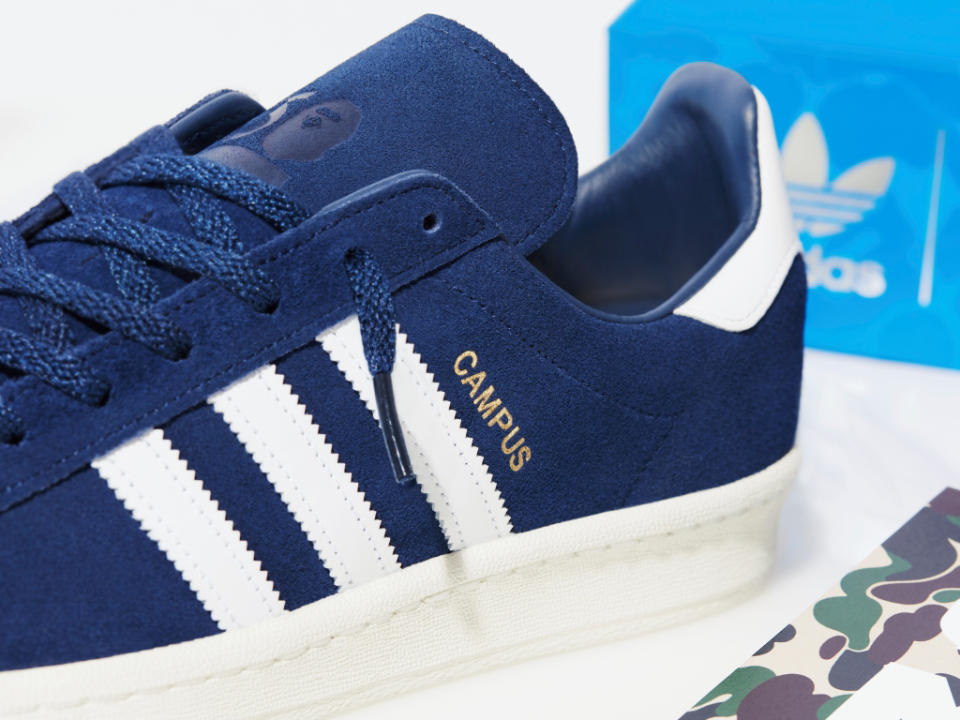 The Bape x Adidas Campus features the Three Stripes branding on one side and Bape’s star logo on the other.