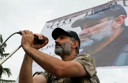 Armenian opposition leader Nikol Pashinyan attends a rally in the town of Ijevan, Armenia April 28, 2018. REUTERS/Gleb Garanich