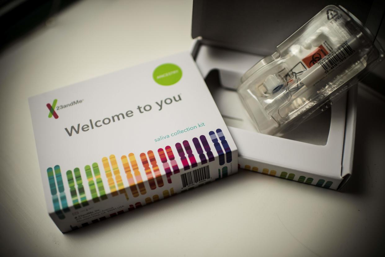 This illustration picture shows a saliva collection kit for DNA testing displayed in Washington DC on December 19, 2018. - Between 2015 and 2018, sales of DNA test kits boomed in the United States and allowed websites to build a critical mass of DNA profiles. The four DNA websites that offer match services --  Ancestry, 23andMe, Family Tree DNA, My Heritage -- today have so many users that it is rare for someone not to find at least one distant relative. (Photo by Eric BARADAT / AFP)        (Photo credit should read ERIC BARADAT/AFP via Getty Images)