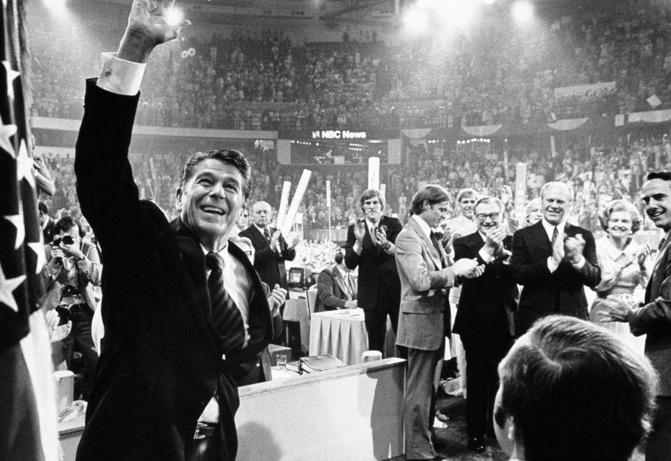Ronald Reagan waves to the crowd on the final night of the Republican National Convention in Kansas City on Aug. 19, 1976.<span class="copyright">David Hume Kennerly—Getty Images</span>