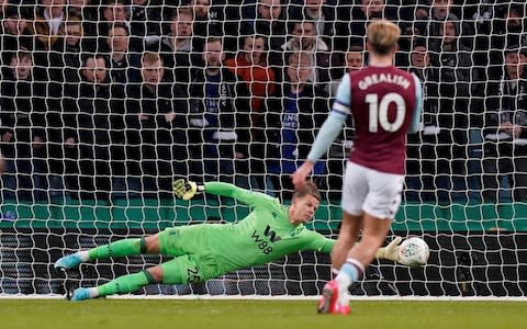 Aston Villa's Orjan Nyland makes a save from a shot by Leicester City's James Maddison - Credit: &nbsp;REUTERS/Andrew Yates