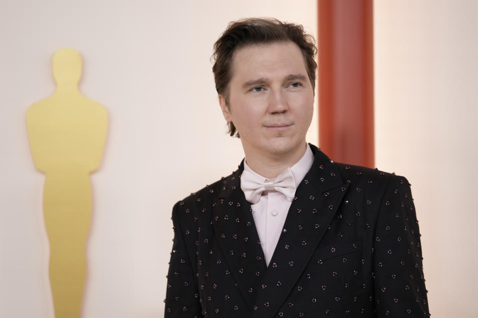 Paul Dano arrives at the Oscars on Sunday, March 12, 2023, at the Dolby Theatre in Los Angeles. (AP Photo/Ashley Landis)