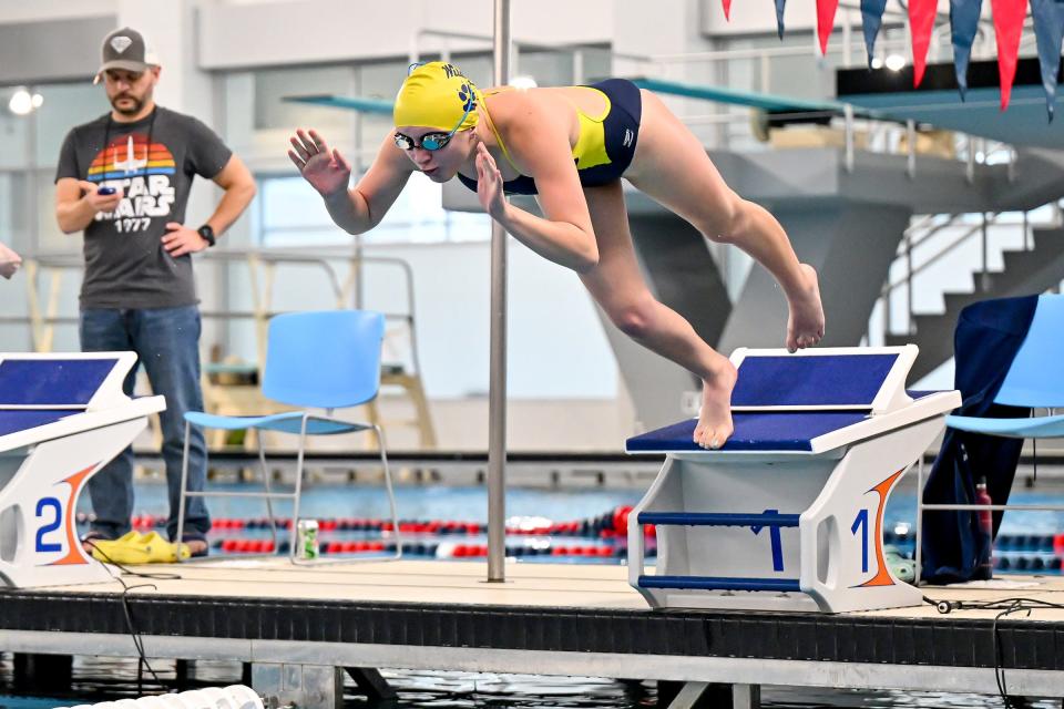 Rley’s Mallory Freitag starts the 200 yard freestyle in the Girls Swimming & Diving NIC championship meet Saturday, Jan. 14, 2023, in Elkhart.
