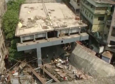 A view shows the flyover which collapsed in Kolkata, India, in this still image taken from video March 31, 2016. REUTERS/ANI via Reuters TV