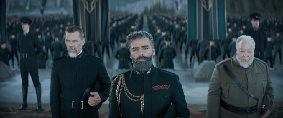 Josh Brolin as Gurney Halleck, Oscar Isaac as Duke Leto Atreides and Stephen McKinley Henderson as Thufir Hawat in Warner Bros. Pictures’ and Legendary Pictures’ action adventure “DUNE,” a Warner Bros. Pictures release. (Courtesy of Warner Bros. Pictures and Legendary Pictures)
