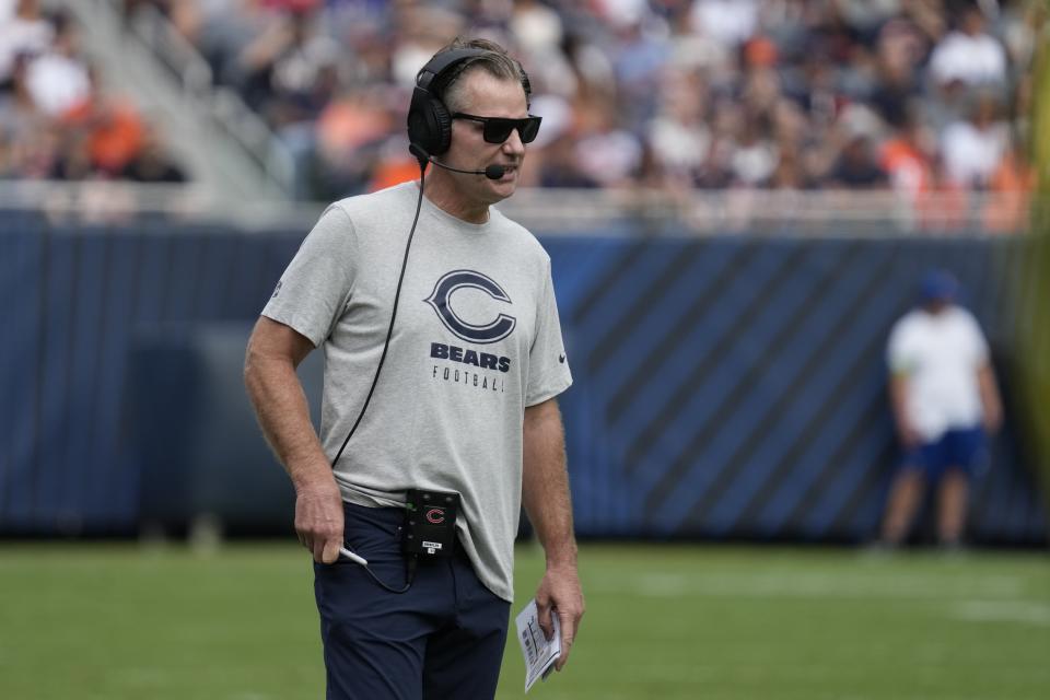 Chicago Bears head coach Matt Eberflus watches during the first half of an NFL preseason football game against the Buffalo Bills, Saturday, Aug. 26, 2023, in Chicago. (AP Photo/Nam Y. Huh)