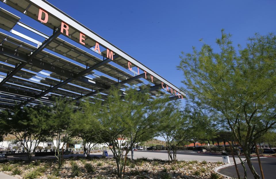 Dream City Church, shown Monday, June 22, 2020, in Phoenix, will host the Students for Trump convention, including a scheduled visit from President Donald Trump on Tuesday afternoon. (AP Photo/Ross D. Franklin)