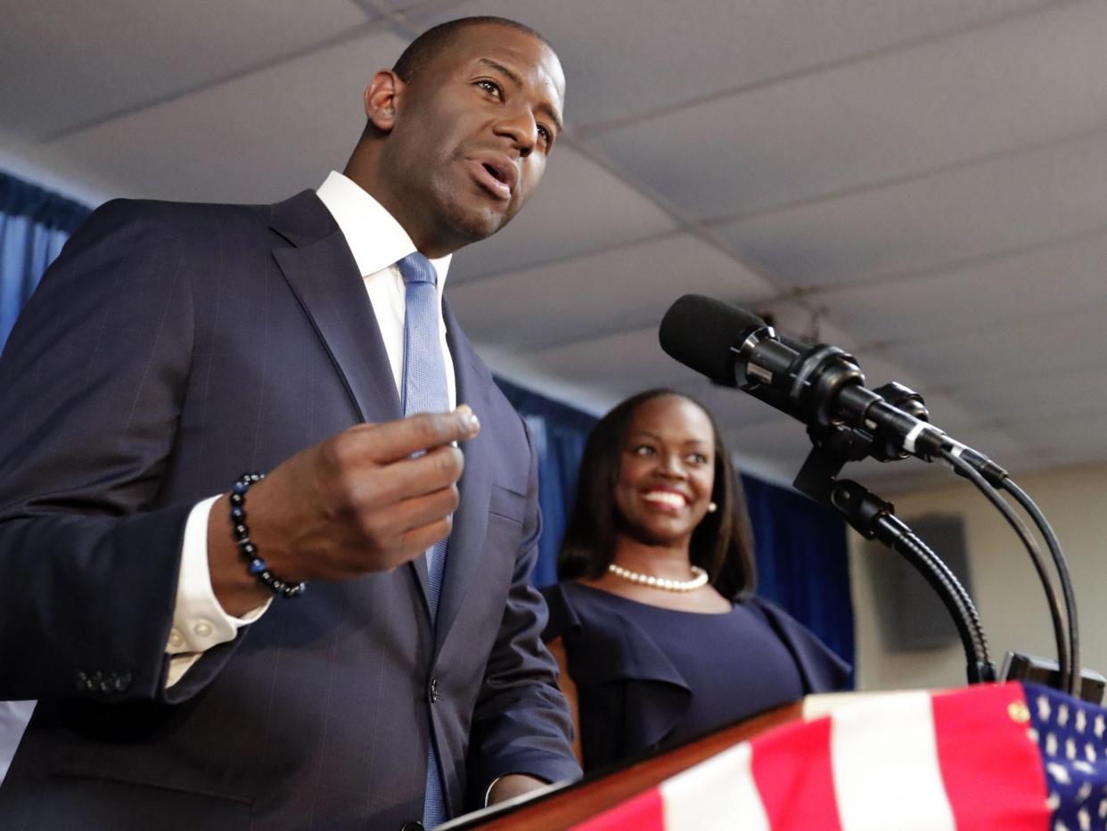 Former Tallahassee Mayor Andrew Gillum and his wife, R. Jai Gillum, at a campaign event in 2018 during his unsuccessful run for governor. (AP)