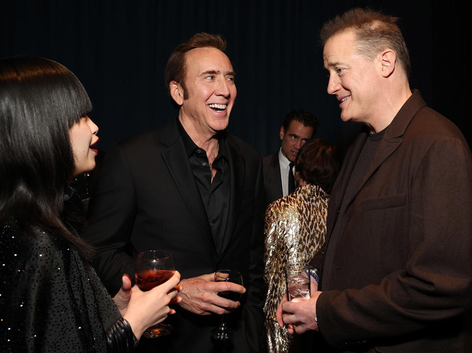 Riko Shibata, Nicolas Cage, and Brendan Fraser attend MPTF's 22nd Annual Night Before at Fox Studio Lot on March 09, 2024 in Los Angeles, California.