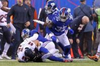 Dec 2, 2018; East Rutherford, NJ, USA; Chicago Bears tight end Daniel Brown (85) recovers an onside kick in front of New York Giants wide receiver Odell Beckham Jr. (13) during the fourth quarter at MetLife Stadium. Mandatory Credit: Brad Penner-USA TODAY Sports