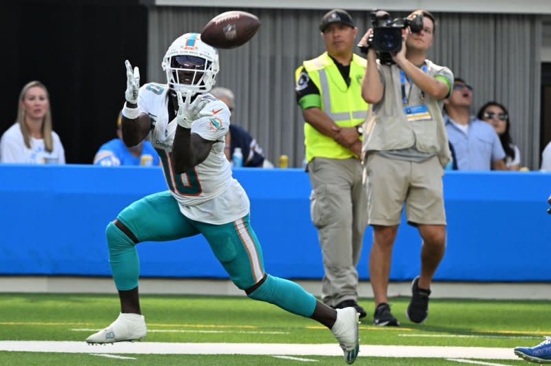 Miami Dolphins wide receiver Tyreek Hill (L) sustained an ankle injury and missed the majority of the first half of a loss to the Tennessee Titans on Monday in Miami Gardens, Fla. File Photo by Jon SooHoo/UPI