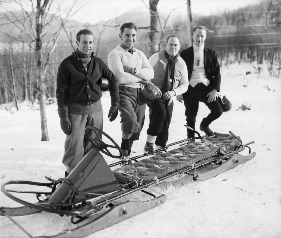 Fiske, Eddie Eagan, Clifford Gray and Jay O'Brien, who will compete in the 1932 Winter Olympics, also members of the 1928 Champion Team. Bettmann—Bettmann Archive