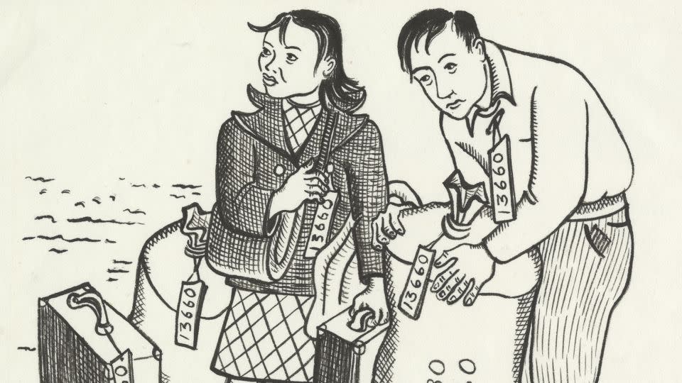 An illustration from Miné Okubo’s graphic memoir, "Citizen 13660," depicts the artist and her brother with the only belongings they were allowed to take into the camp. - Courtesy Japanese American National Museum