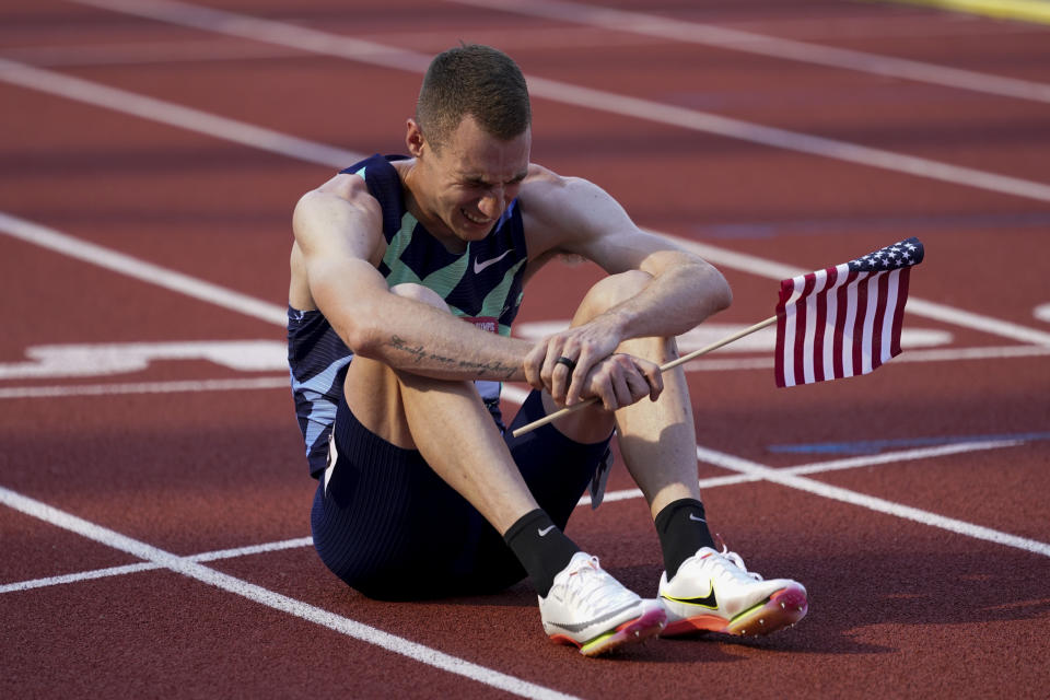 Clayton Murphy celebrates after winning the men's 800-meter run at the U.S. Olympic Track and Field Trials Monday, June 21, 2021, in Eugene, Ore. (AP Photo/Ashley Landis)