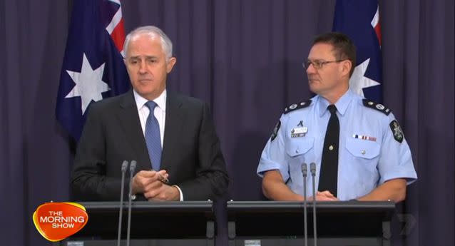 Prime Minister Malcolm Turnbull with Acting AFP Commissioner Mike Phelan. Source: 7 News