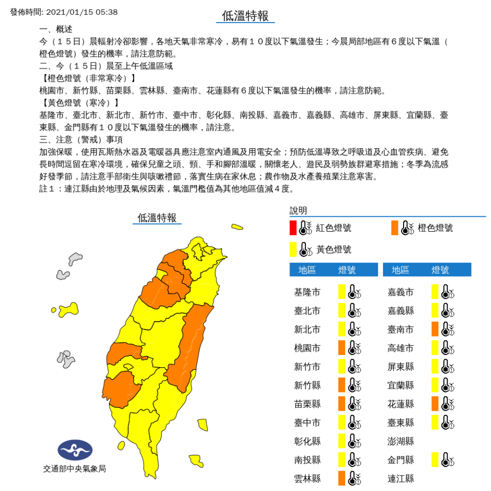 受到輻射冷卻影響，中央氣象局針對20縣市發布「低溫特報」。（中央氣象局提供）