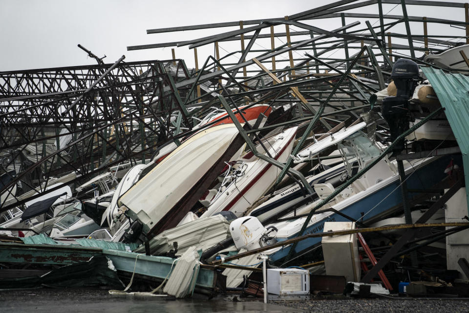 A warehouse of boats is seen damaged at Treasure Island Marina in Panama City.&nbsp;