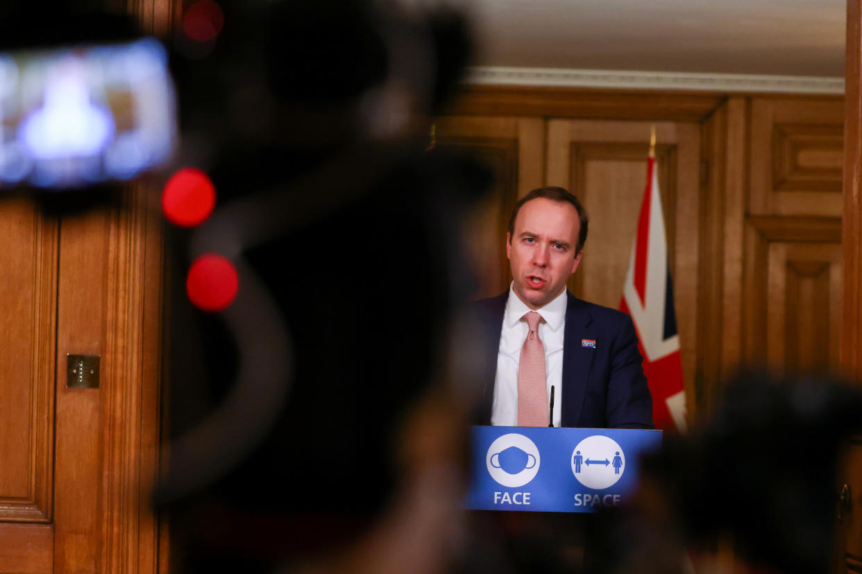 Health Secretary Matt Hancock during a media briefing on coronavirus (COVID-19) in Downing Street, London.