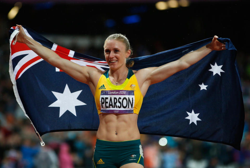 Sally Pearson of Australia celebrates after winning the gold medal in the Women's 100m Hurdles Final on Day 11 of the London 2012 Olympic Games at Olympic Stadium on August 7, 2012 in London, England. (Photo by Jamie Squire/Getty Images)