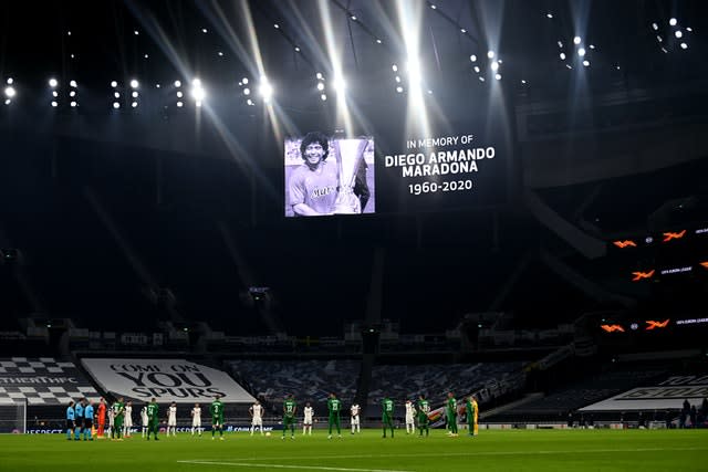 Players and officials observe a minute’s silence at Tottenham Hotspur Stadium in memory of former Argentina player and manager Diego Maradona, who died on Wednesday 