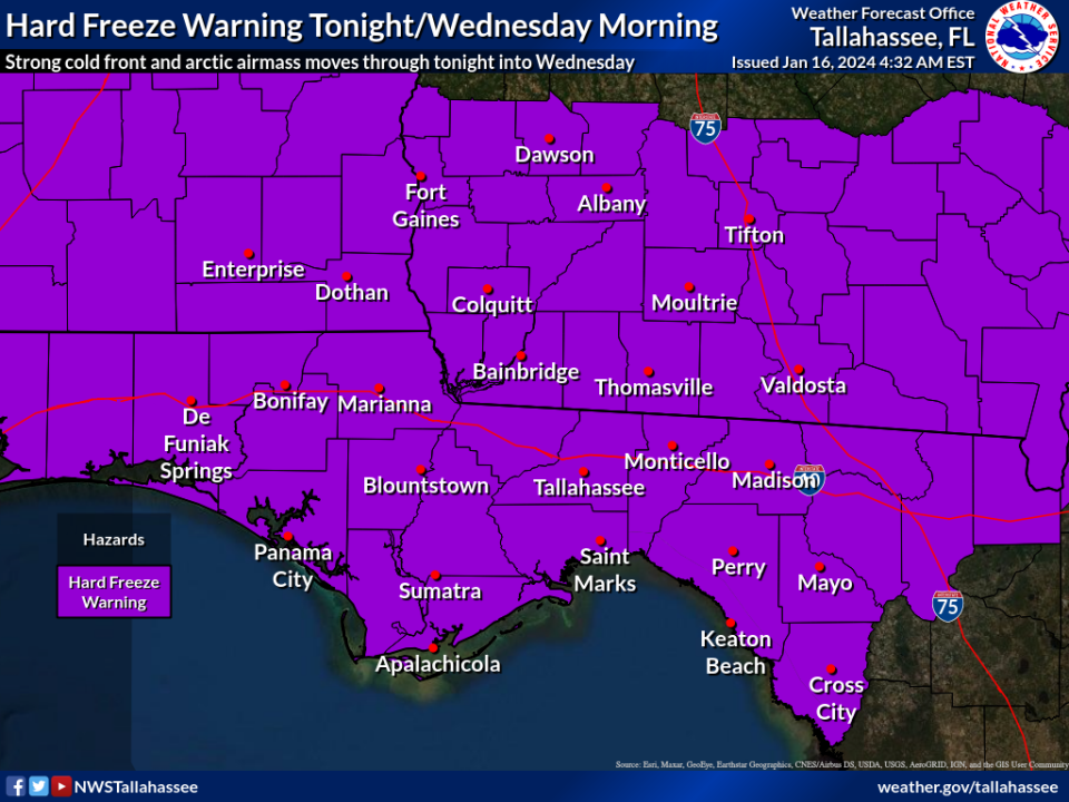 The entire North Florida and South Georgia area are under a hard freeze watch through Wednesday morning as low temperatures are expected to plunge into the low 20s.