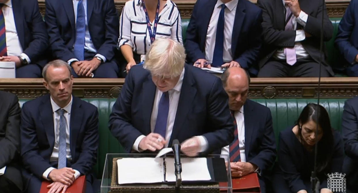 Prime Minister Boris Johnson speaking during the debate on the situation in Afghanistan in the House of Commons, London, as MPs returned to Parliament from their summer break for an emergency sitting on Wednesday, three days after the country's capital Kabul fell to the militants on Sunday. Picture date: Wednesday August 18, 2021. (Photo by House of Commons/PA Images via Getty Images)