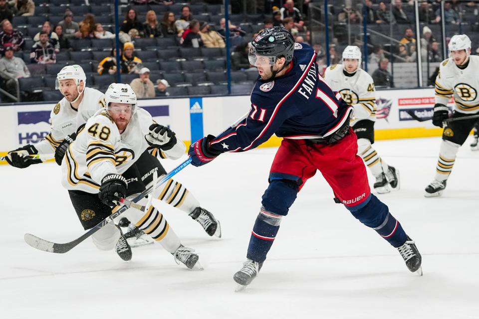 Jan 2, 2024; Columbus, Ohio, USA; Columbus Blue Jackets center Adam Fantilli (11) shoots during the third period of the NHL hockey game against the Boston Bruins at Nationwide Arena. The Blue Jackets lost 4-1.