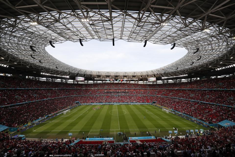 FILE - In this Tuesday, June 15, 2021 file photo a view of the Ferenc Puskas stadium before the Euro 2020 soccer championship group F match between Hungary and Portugal in Budapest, Hungary, Tuesday, June 15, 2021. Populist Prime Minister Viktor Orban has long used soccer to advance his right-wing politics, and now widespread international criticism of a new Hungarian law that is seen as targeting the LGBT community has turned this month's Euro 2020 tournament into a major stage for his challenge to Europe's liberal values. (AP Photo/Laszlo Balogh, Pool, File)