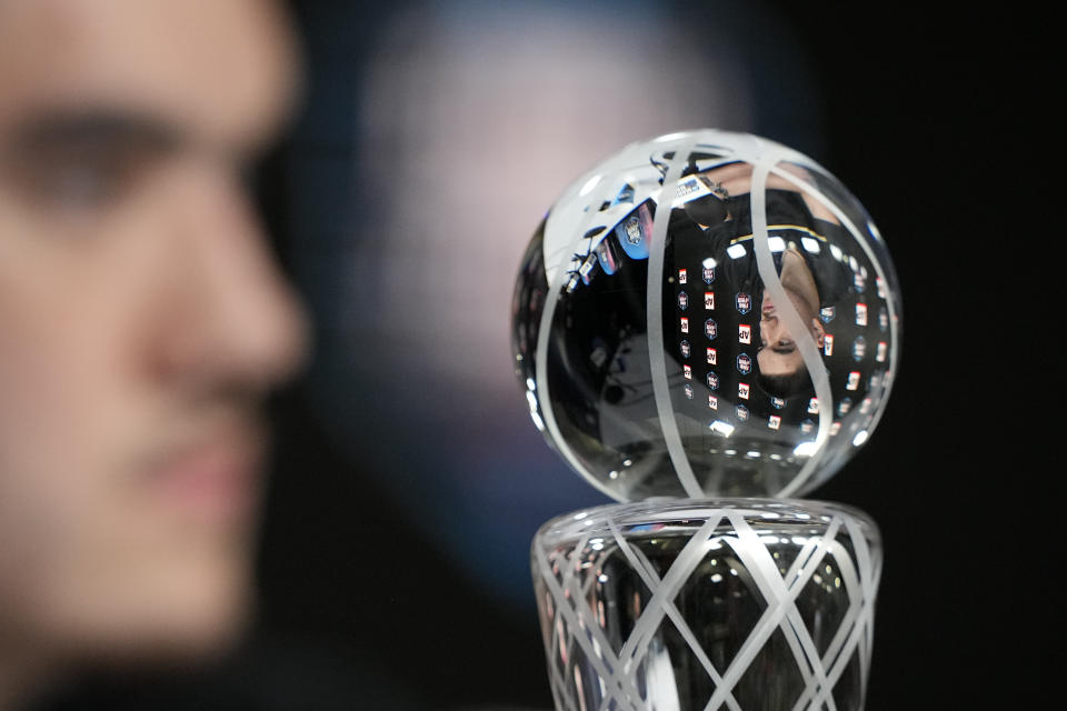 AP Player of the Year, Purdue's Zach Edey speaks at a press conference during the Final Four NCAA college basketball tournament on Saturday, April 1, 2023, in Houston. (AP Photo/David J. Phillip)