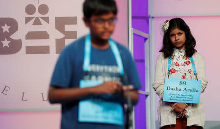 Dasha Blalock of Jonesboro, Arkansas, watches the speller before her, May 30, 2018. REUTERS/Kevin Lamarque