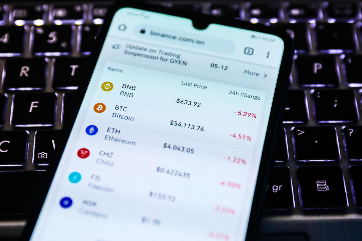Cryptocurrencies prices are displayed on a mobile phone screen photographed for illustration photo. Krakow, Poland on May 12, 2021.  (Photo by Beata Zawrzel/NurPhoto via Getty Images)