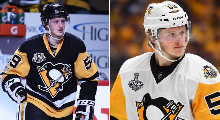 Jake Guentzel during Game 2 against the Blue Jackets (Jeanine Leech/Getty) vs. Jake Guentzel during Game 4 of the Stanley Cup Final (Joe Sargent/Getty).