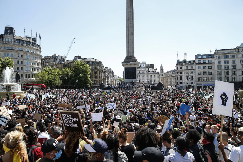 A Black Lives Matter march at Trafalgar Square in London on Sunday. (Photo: Hollie Adams via Getty Images)