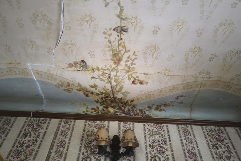 The interior ceiling of the 120 sq. meters (1,300 sq. feet) stone house where the Nobel-winning scientist couple Marie Sklodowska-Curie and Pierre Curie spent vacation and weekends from 1904-1906 in Saint-Remy-les-Chevreuse, on the south-west outskirts of Paris, France, Wednesday, May 12, 2021. Poland's prime minister Mateusz Morawiecki says he's given instructions for the government to buy 790,000 euro house in France, and said on Twitter Tuesday that the house, is a "part of Poland's history." (AP Photo/Francois Mori)