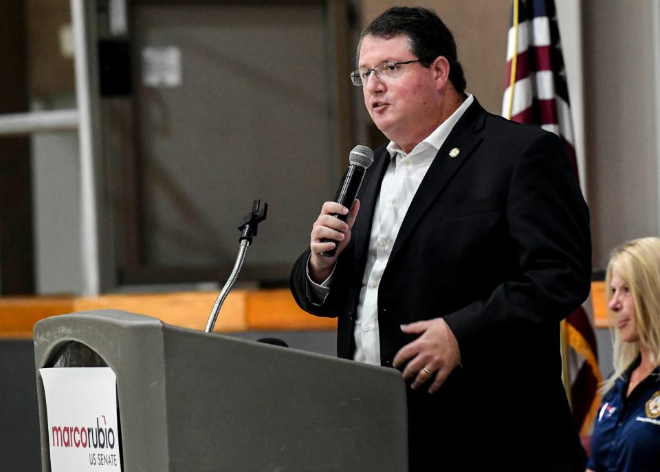 Florida Rep. Randy Fine, R-Palm Bay, addresses the crowd during a campaign appearance by  U.S. Sen. Marco Rubio last month in Melbourne.