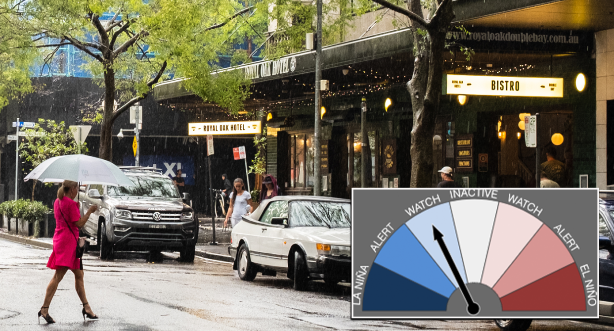 A woman pictured in Sydney rain with a graph of the La Niña watch alert meter.