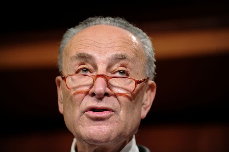 Senate Minority Leader Chuck Schumer (D-NY), holds a news conference at the U.S. Capitol before the start of the day's Senate impeachment trial of President Donald Trump in Washington