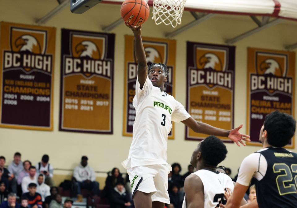 Prolific Prep’s AJ Dybantsa scores a basket during a game versus Orangeville Prep on Wednesday, Jan. 10, 2024.