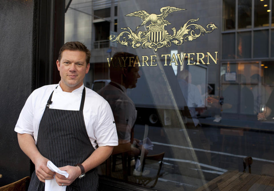 n this photo taken Monday, Oct. 29, 2012, chef Tyler Florence poses outside his Wayfare Tavern in San Francisco. Baby food and fried chicken may well be the legacy for which Tyler Florence ultimately is best known. Which seems a bit crazy given his near ubiquity on the Food Network since its earliest days on air, his years of running the celebrity chef gauntlet, his many cookbooks, product lines and appearances. (AP Photo/Eric Risberg)