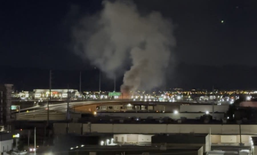 <em>On April 7, 2024 around 8 p.m., CCFD crews responded to reports of a semi-trailer on fire that possibly extended to a building in the 3800 block of West Harmon Avenue near Valley View Boulevard. (KLAS)</em>