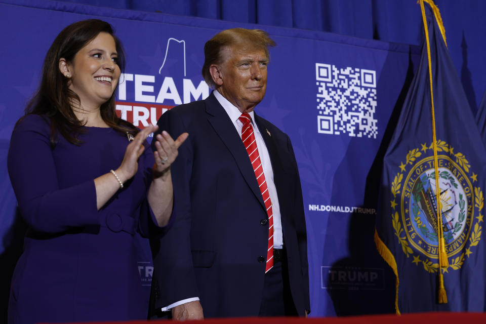 CONCORD, NEW HAMPSHIRE - JANUARY 19: Rep. Elise Stefanik (R-NY) (L) joins Republican presidential candidate and former President Donald Trump during a campaign rally at the Grappone Convention Center on January 19, 2024 in Concord, New Hampshire. New Hampshire voters will weigh in next week on the Republican nominating race with their first-in-the-nation primary, about one week after Trump's record-setting win in the Iowa caucuses. Former UN Ambassador and former South Carolina Gov. Nikki Haley is hoping for a strong second-place showing so to continue her campaign into Nevada and South Carolina. (Photo by Chip Somodevilla/Getty Images)