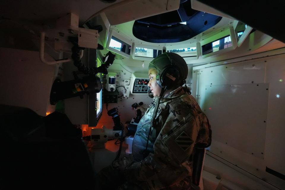 Staff Sergeant Ricora Jones sits in a tank simulator before training with her crew on March 20, 2023. Jones is the tank commander and helped lead the team in the close combat tactical training.
-