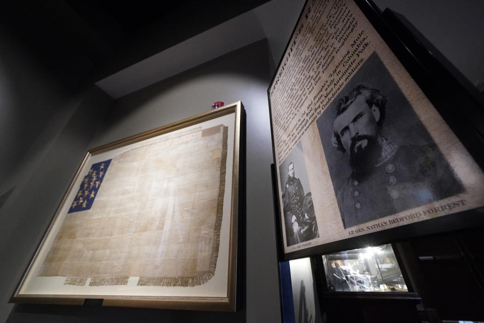 A photograph and information about Confederate Gen. Nathan Bedford Forrest is displayed at the National Confederate Museum, June 6, 2021, in Columbia, Tenn. With the approval of relatives, the remains of Forrest will be moved from Memphis, Tenn., to the museum. (AP Photo/Mark Humphrey)