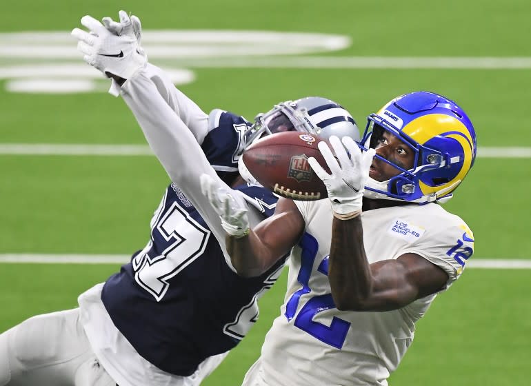 INGLEWOOD, CALIFORNIA SEPTEMBER 13, 2020-Rams receiver Van Jefferson Jr. makes a catch.