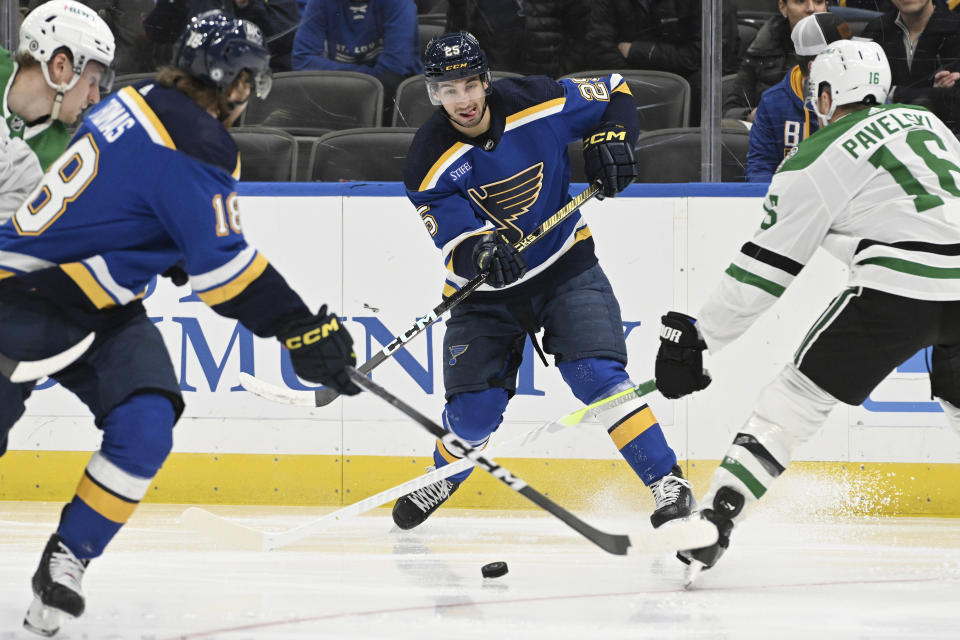 St. Louis Blues' Jordan Kyrou (25) works the puck against Dallas Stars' Joe Pavelski (16) during the second period of an NHL hockey game Wednesday, Dec. 27, 2023, in St. Louis. (AP Photo/Michael Thomas)
