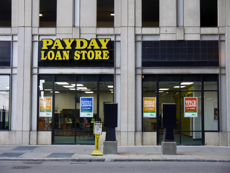 Exterior view of a Payday Loan Store in downtown Chicago, Illinois, 2019. (Photo by Interim Archives/Getty Images)