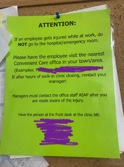 Notice on bulletin board about emergency room procedures for employees, with specific instructions and contact information, partially obscured by purple mark
