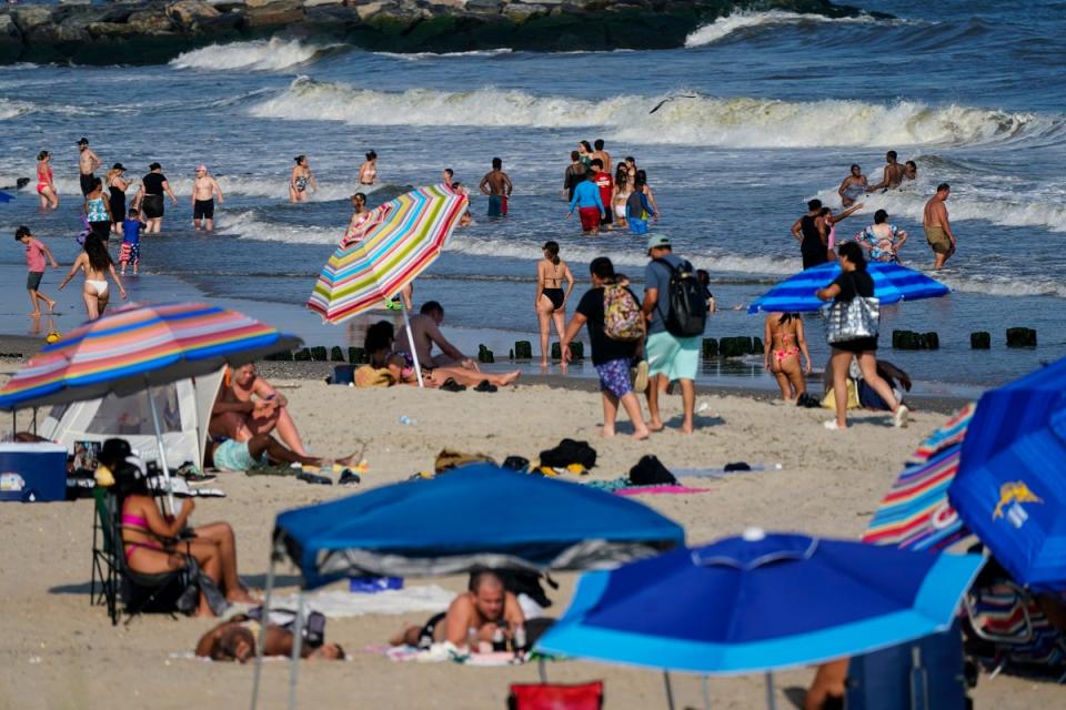 Shark sightings are rare in the waters off New York City, like Rockaway Beach (pictured), but they have been spotted more in recent years moving closer to shore for warmer temperatures (Copyright 2022 The Associated Press. All rights reserved.)