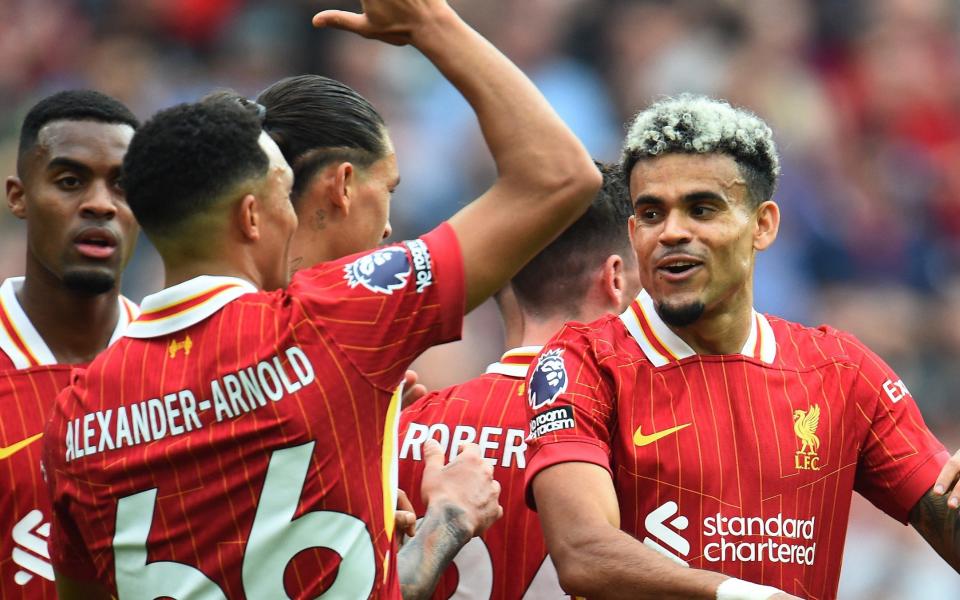 Liverpool's Luis Diaz celebrates scoring their second goal with Trent Alexander-Arnold