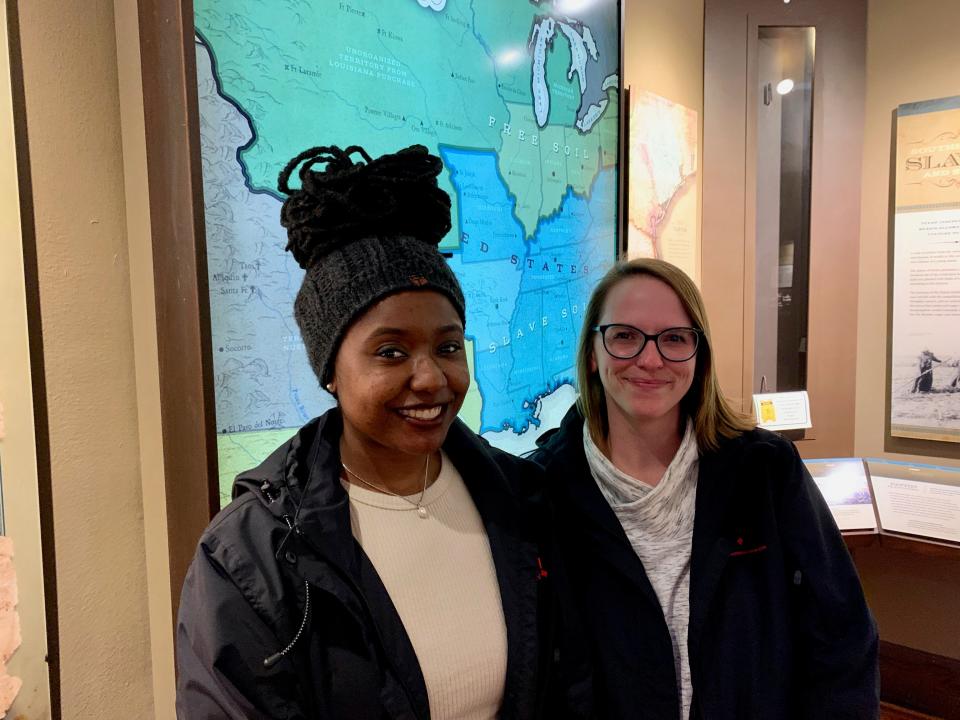 Kennedy Wallace, site interpreter, and Shannon Smith, assistant site manager, walked reporter Michael Barnes through several exhibits and archeological remnants at the Varner-Hogg Plantation.
